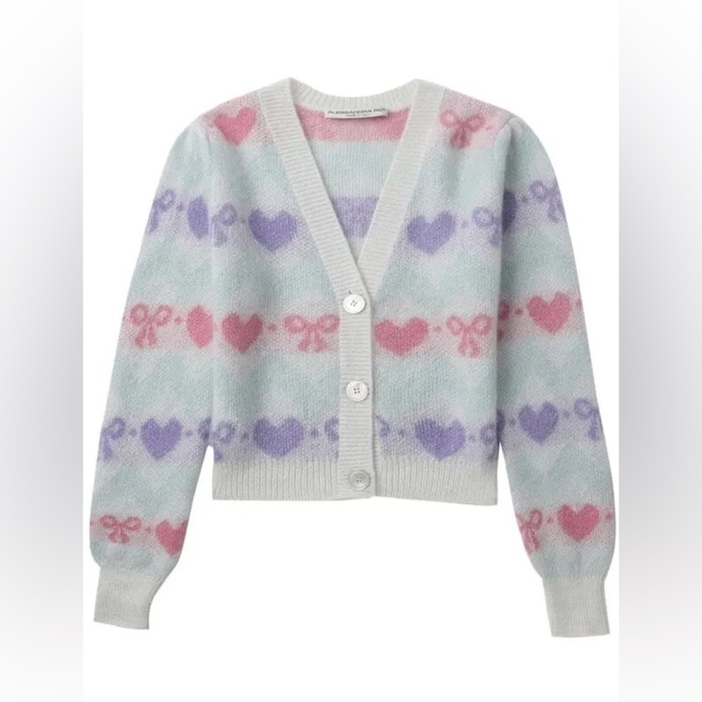 ALESSANDRA RICH Pastel Heart Bow Patterned Intarsia-Knit Cardigan Size 46 NWT - Picture 2 of 8